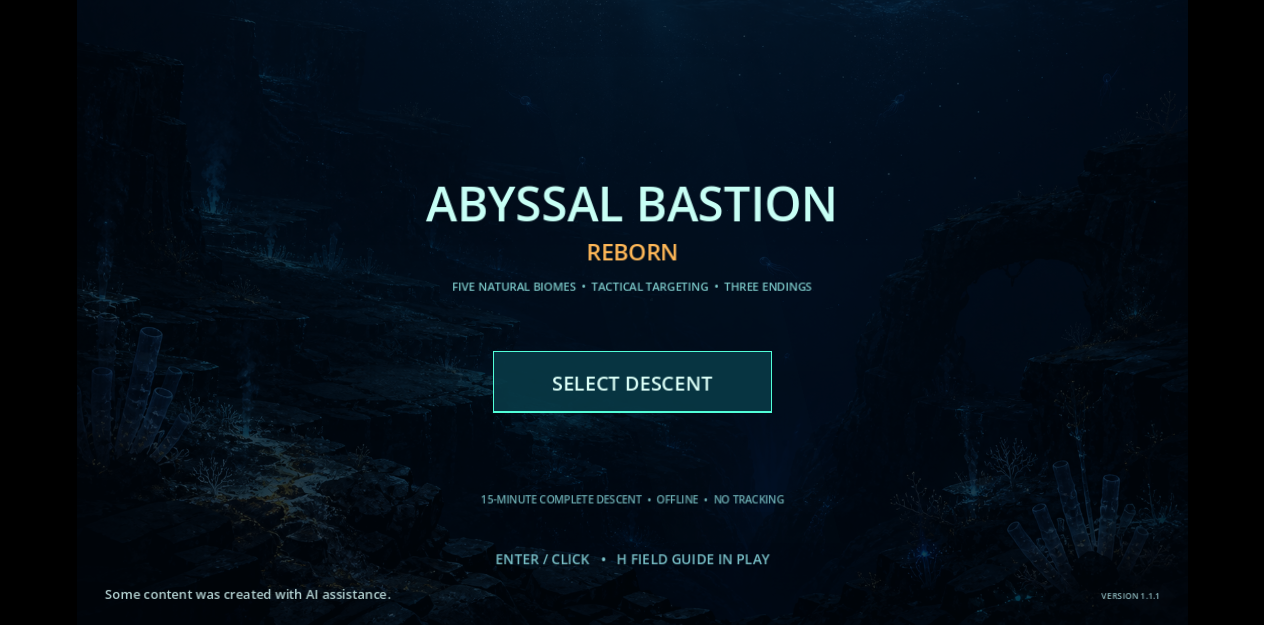 Abyssal Bastion title screen with Select Descent and the English AI assistance notice