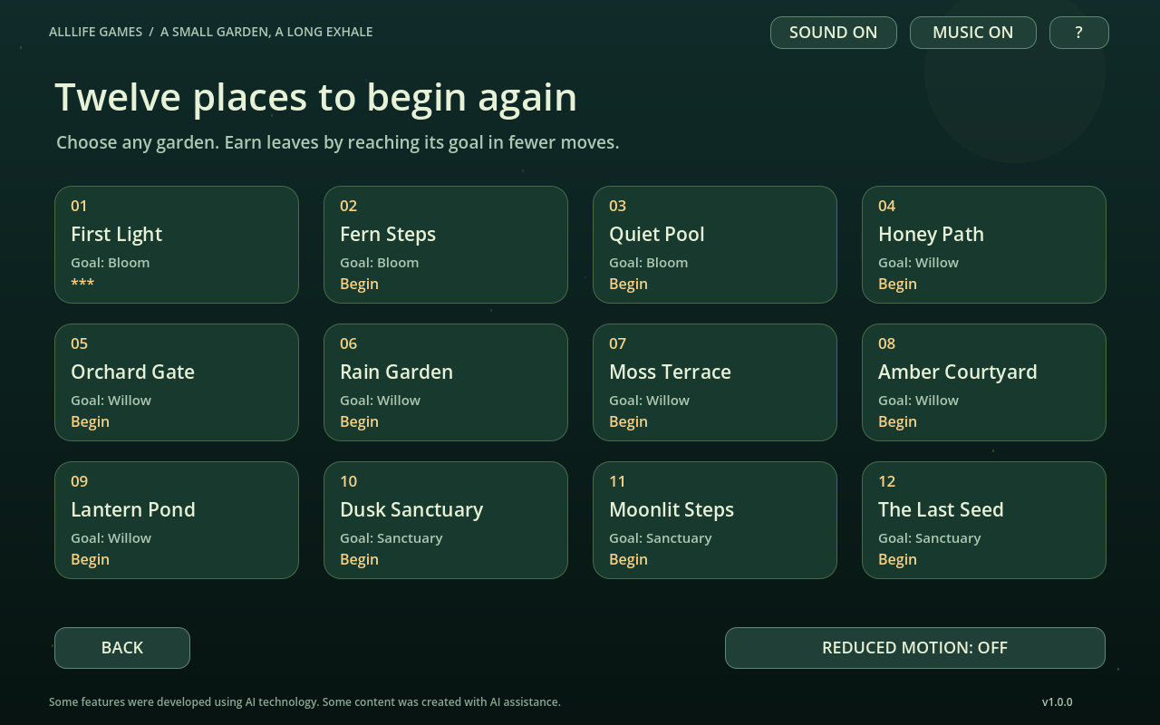 The twelve named gardens in the Windows edition of Mosslight Grove