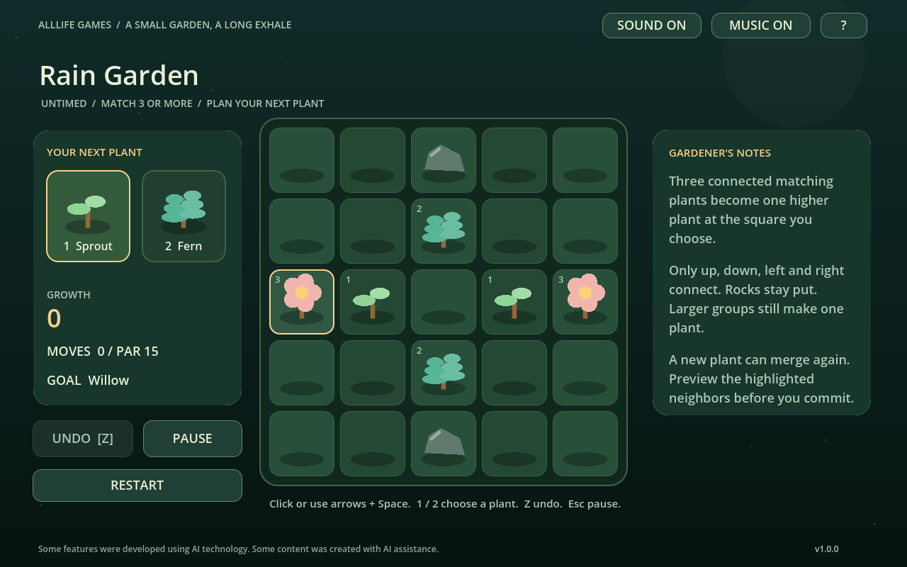 Rain Garden in Mosslight Grove 1.0.0, showing two plant choices, a five-by-five board and a Willow goal