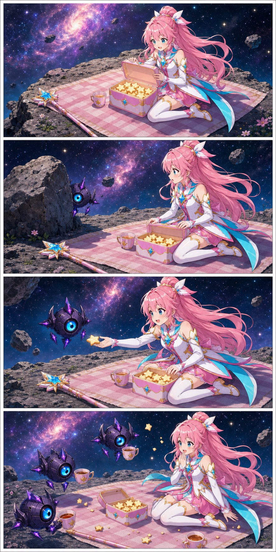 Four panels showing Astra opening star cookies, noticing a shy monster, sharing a cookie, and hosting a space tea party