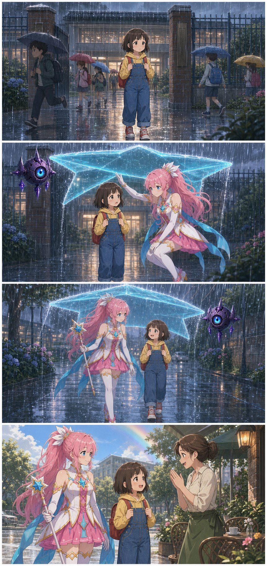 ASTRA protects MINA from the rain with a gentle star-shaped shield