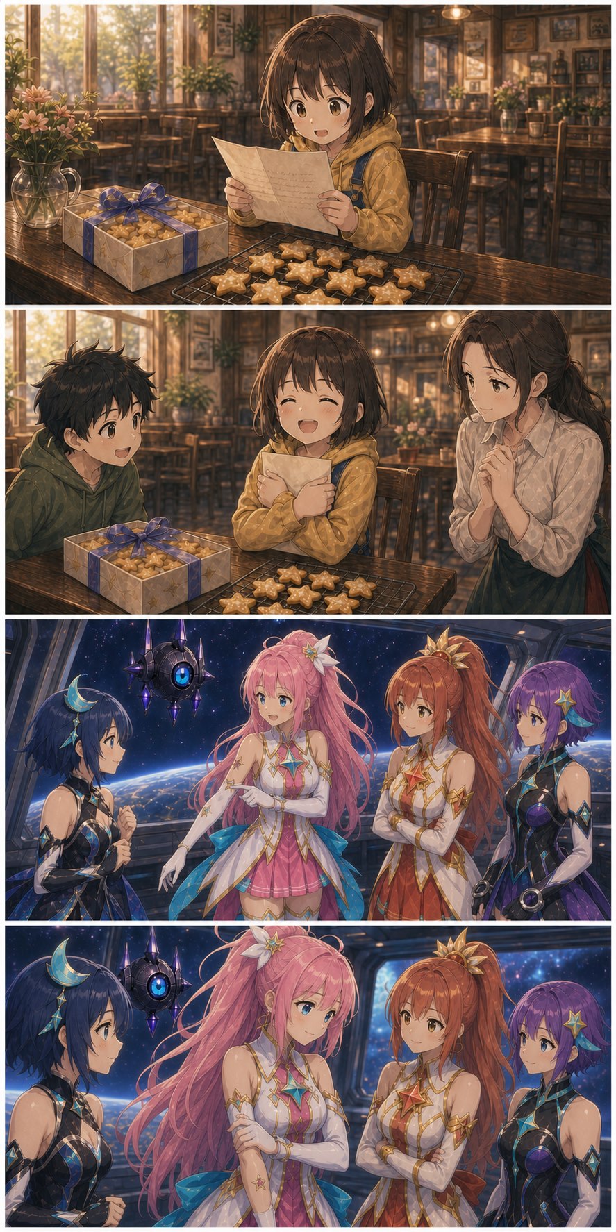 MINA smiles at ASTRA's letter while ASTRA remembers her kindness from space