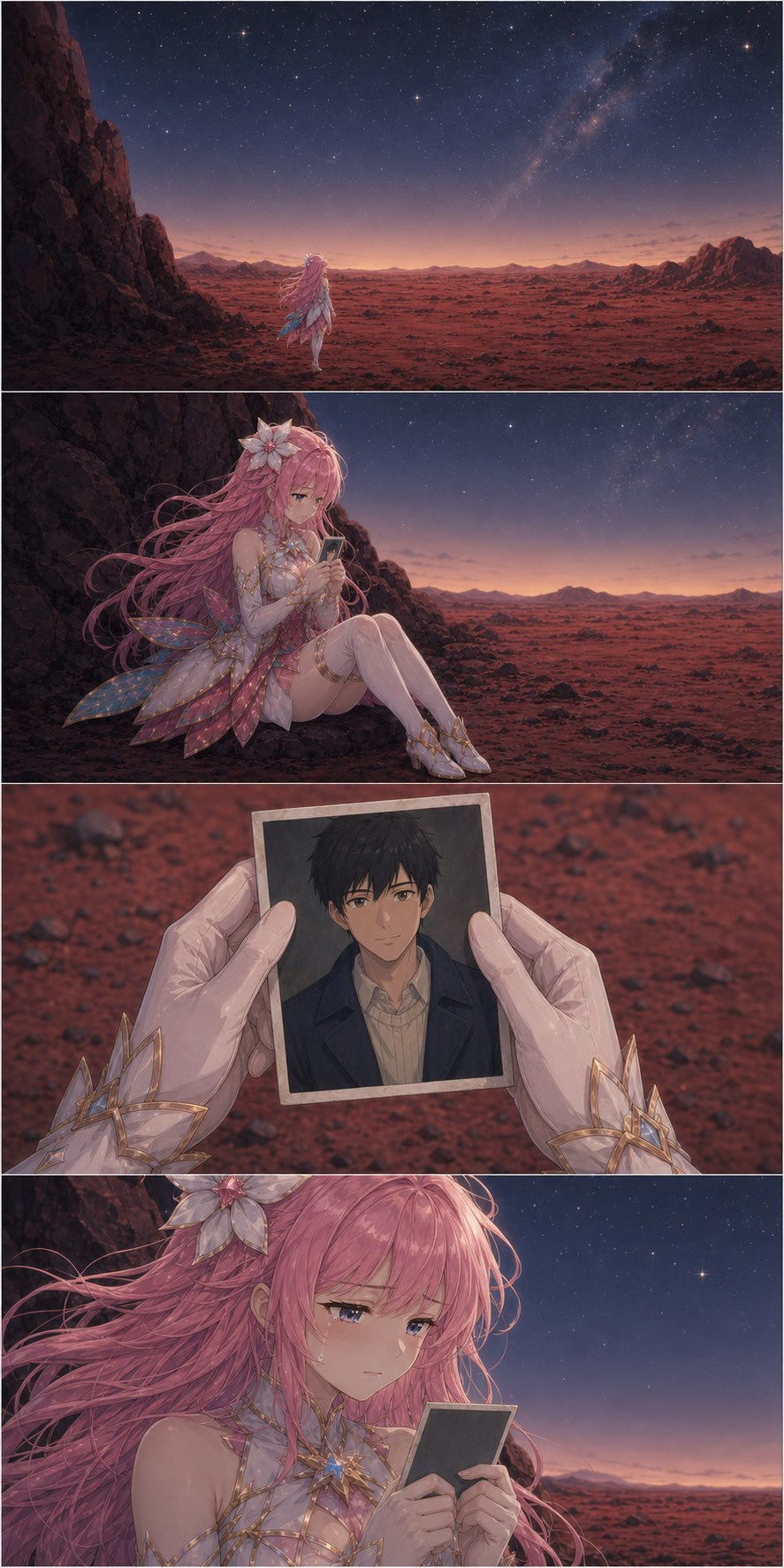 ASTRA sits alone on Mars and grieves while looking at a photograph of a human man