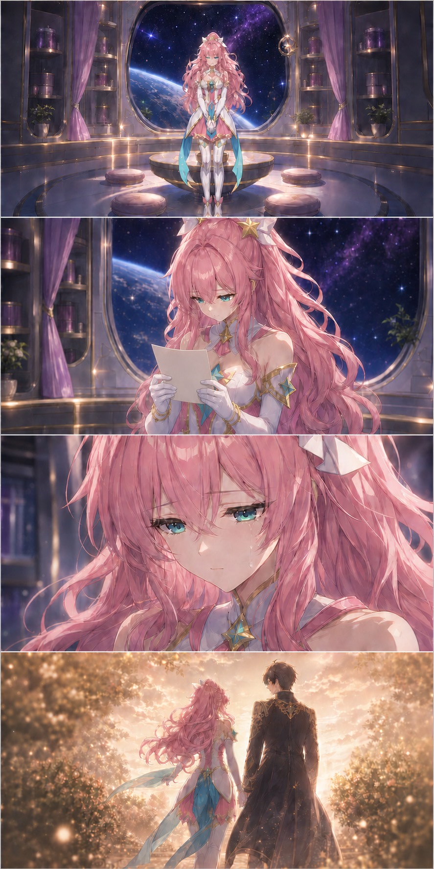 Four-panel comic: ASTRA stands alone, holds a photograph of her late husband, sheds a tear, and enters a warm memory