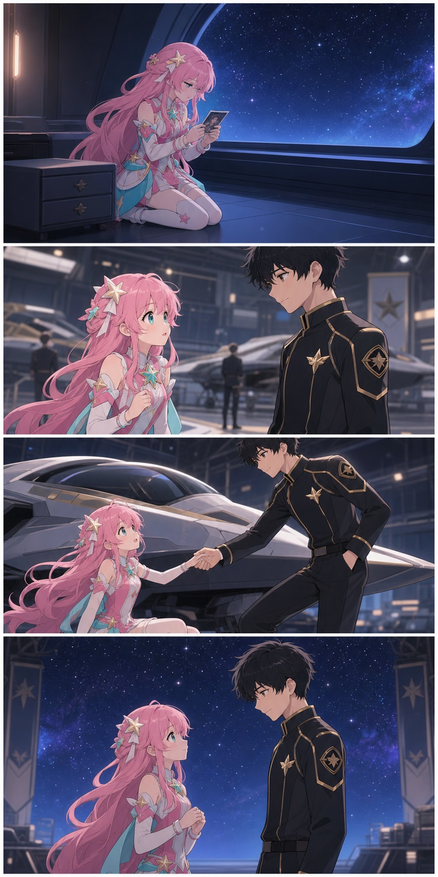 Four-panel comic: ASTRA arrives at a summer spaceport, meets a young pilot, and their hands touch as he returns her windblown paper