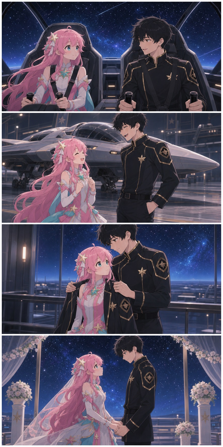 Four-panel comic: ASTRA and her future husband plan a star route, fly through turbulence, rise above the clouds, and laugh at sunset