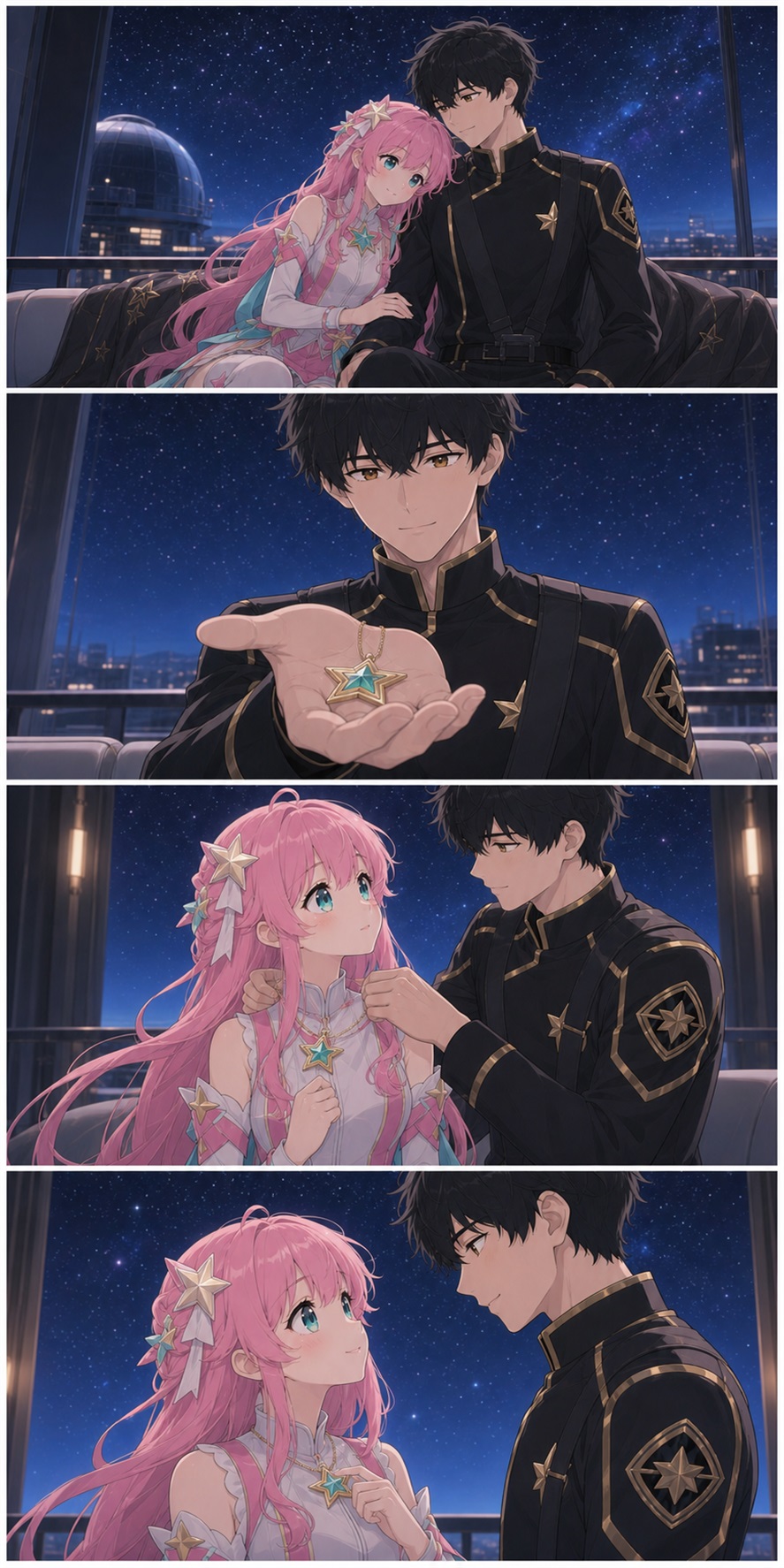 Four-panel comic: beneath an observatory sky, ASTRA receives a closed gold star pendant with a turquoise center from her future husband