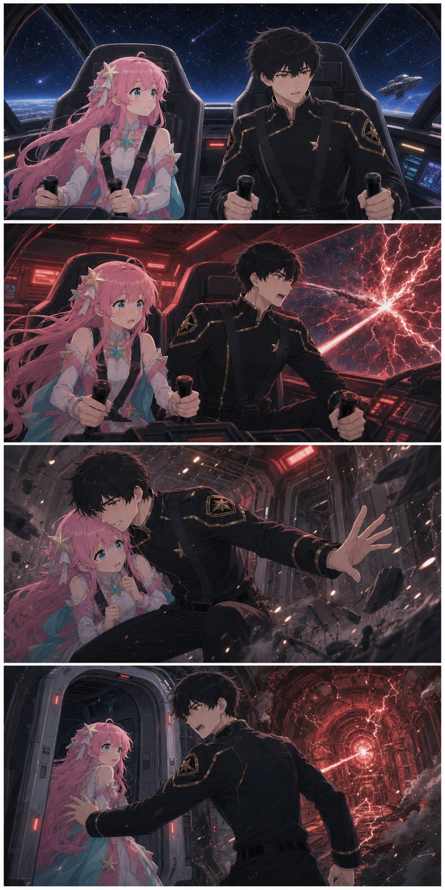 Four-panel comic: ASTRA and her husband share breakfast, plan missions, tend the star pendant, and watch ships leave the harbor