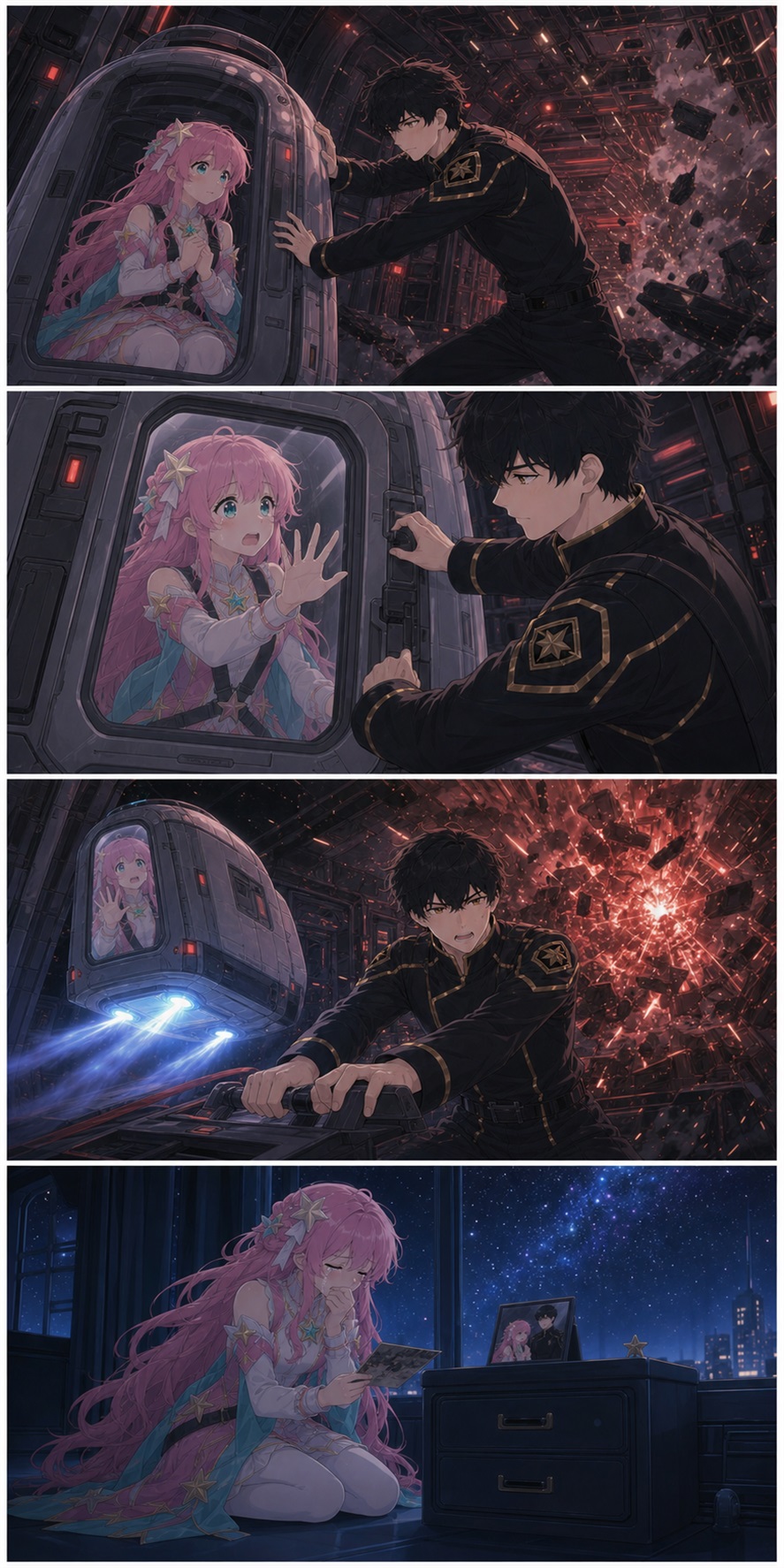 Four-panel comic: ASTRA and her husband face a reactor failure, he seals her inside the last escape pod, dies in the explosion after saving her, and present-day ASTRA collapses in guilt