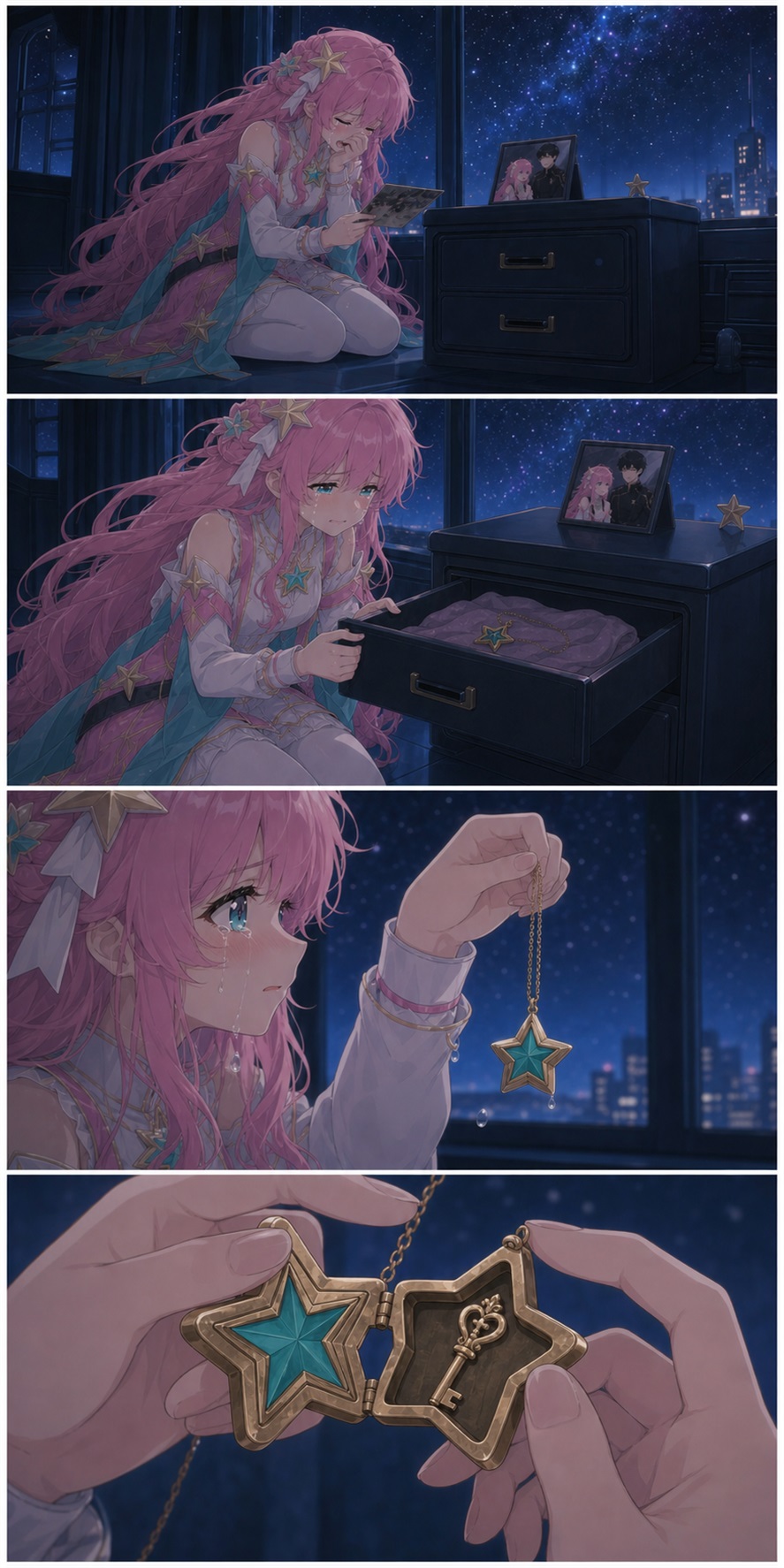 Four-panel comic: in the same observation room, ASTRA blames herself, opens a drawer, retrieves her husband's pendant necklace, and opens it to reveal a hidden key