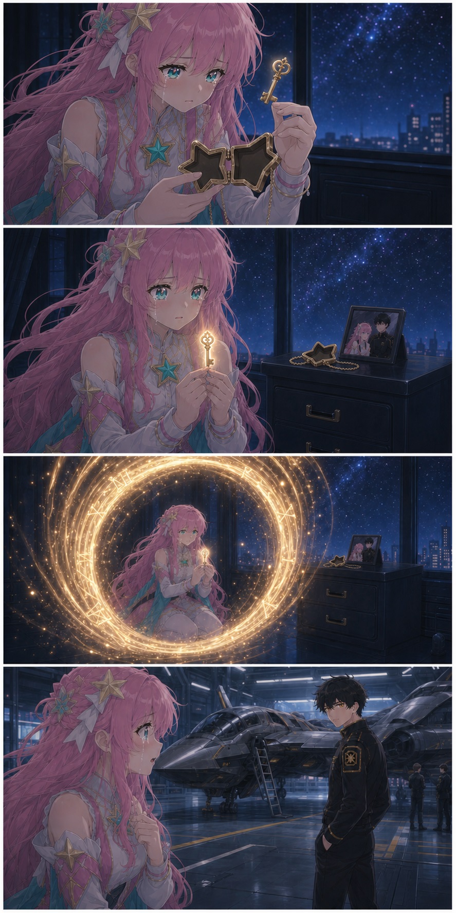 Four-panel comic: ASTRA removes the hidden key from the opened pendant, watches it turn gold, raises it in the observation room, and arrives in the past before her husband died